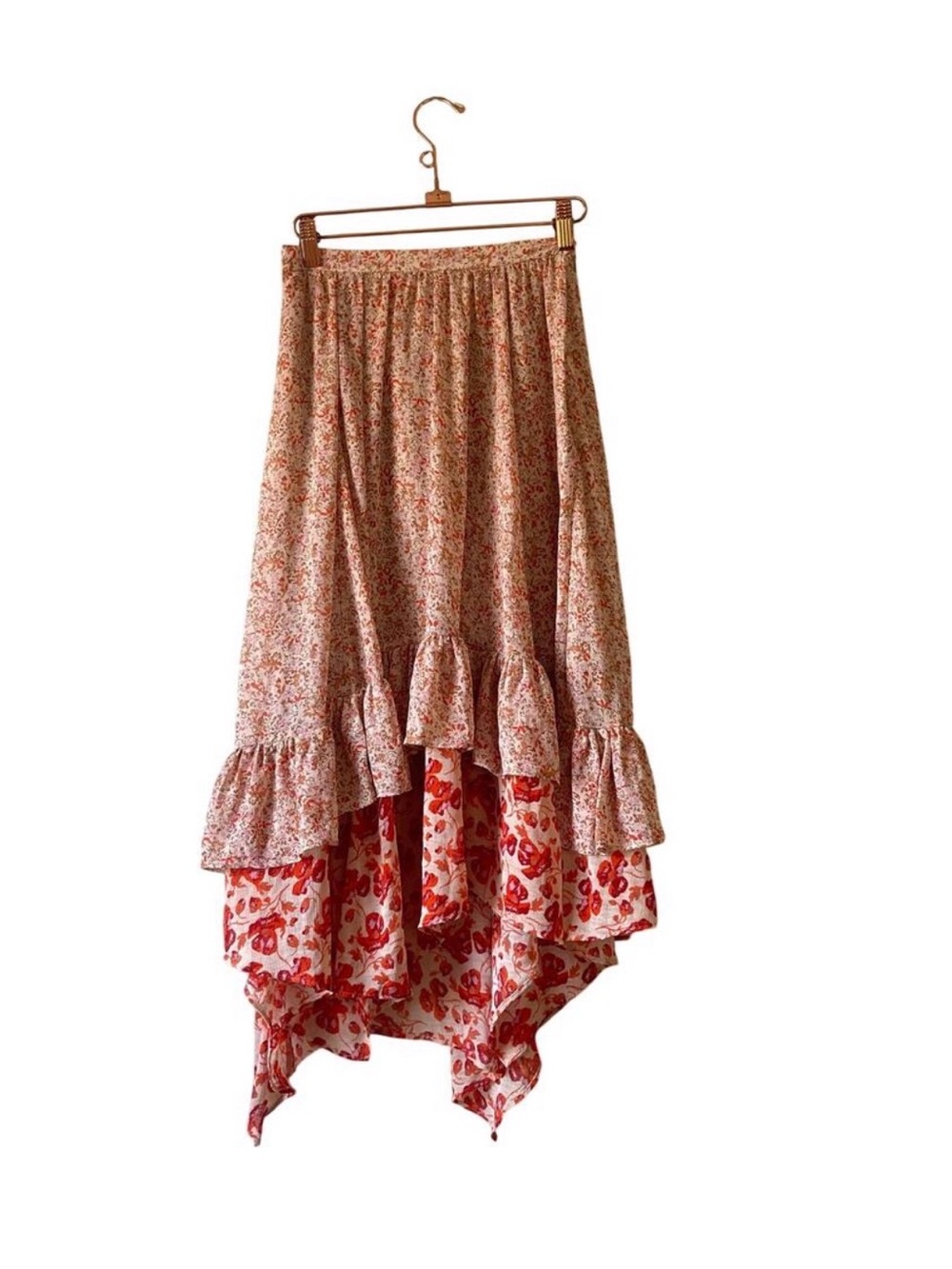 Free People Red and Cream Asymmetrical Floral Ruffle Maxi Skirt